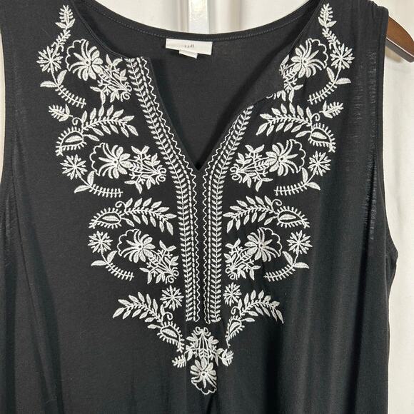 J Jill Black Tunic Sleeveless Tank Top Sz Large Floral Embroidered High Low‎ Hem - Picture 2 of 9